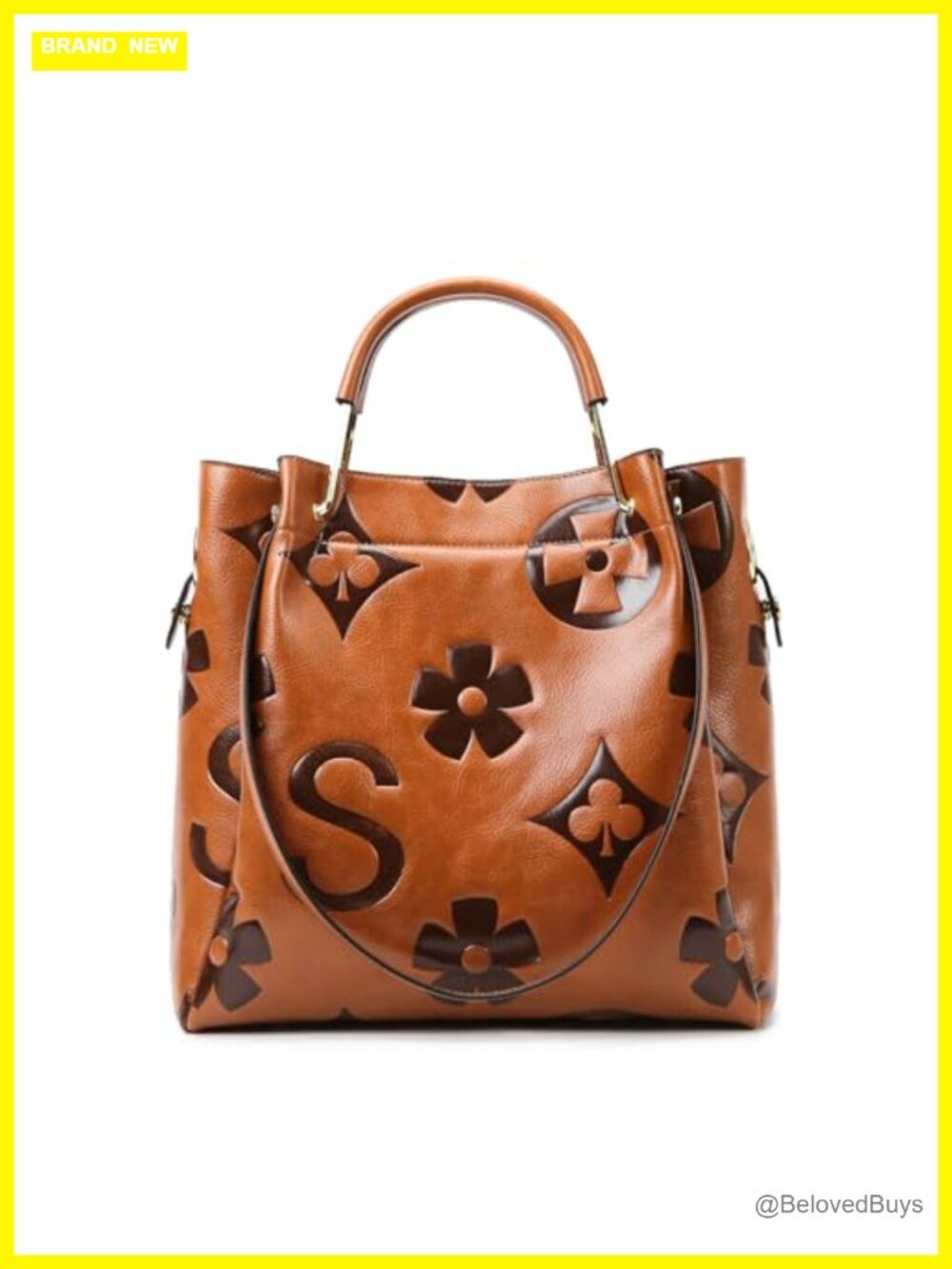 Embossed vegan leather floral bucket tote top handle shoulder bag
